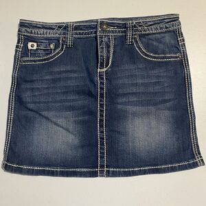 Petrol Jean Mini Skirt Stretch Denim Womens Sz 10 Rhinestone Bling Thick Stitch
